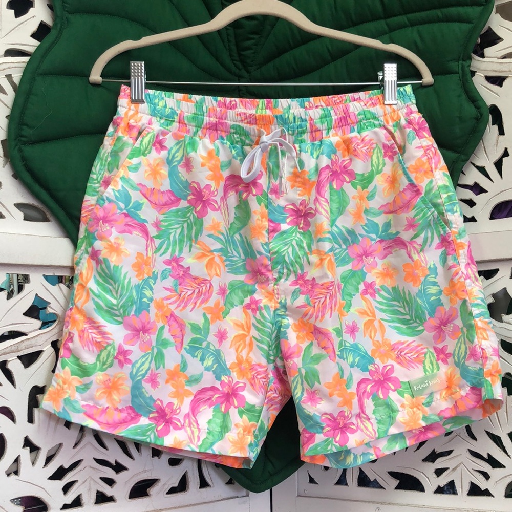 NWOT Kulani kinis, men’s board shorts. Size S. Unisex. Neon hawaiian floral